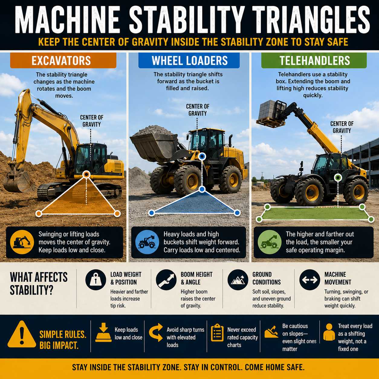 Machine Stability Triangles Explained for Excavators, Loaders, and Telehandlers at HeavyEquipment.com