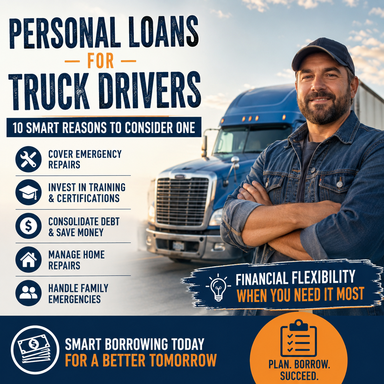 Truck driver standing by a semi-truck with text "Personal loans for truck drivers: 10 smart reasons to consider one."