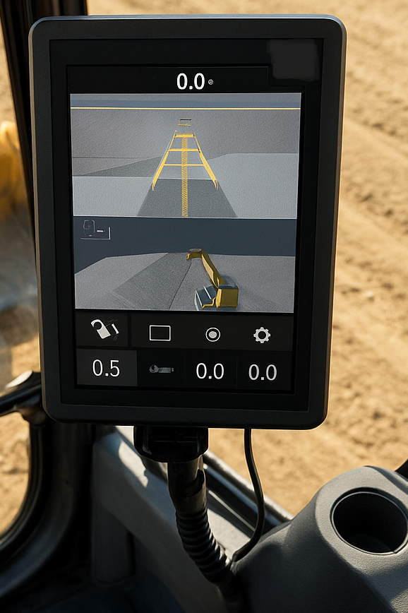 Close up of a 3D grade control screen inside a piece of heavy equipment.