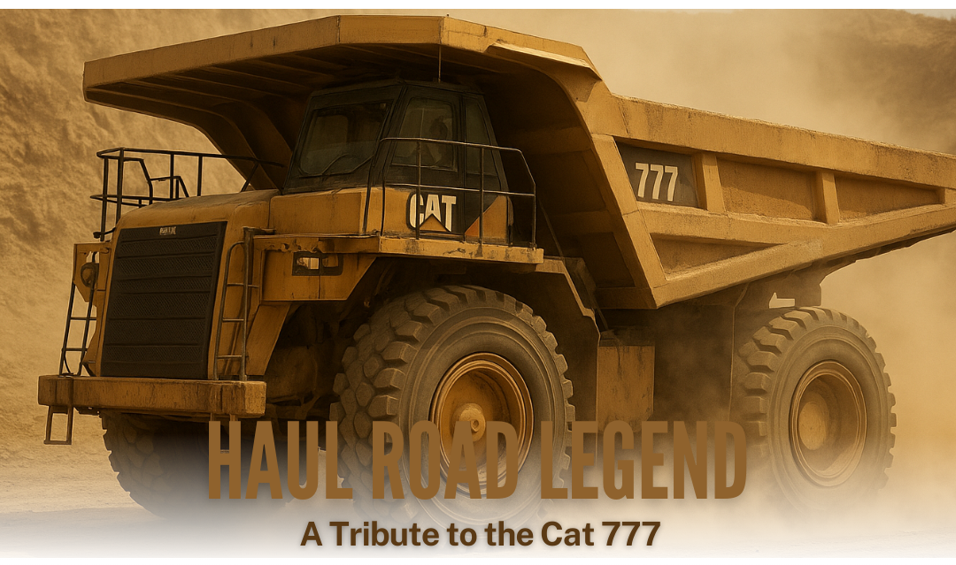Angled left side profile of a CAT 777 End Dump with the text "Haul Road Legend, A Tribute to the Cat 777."