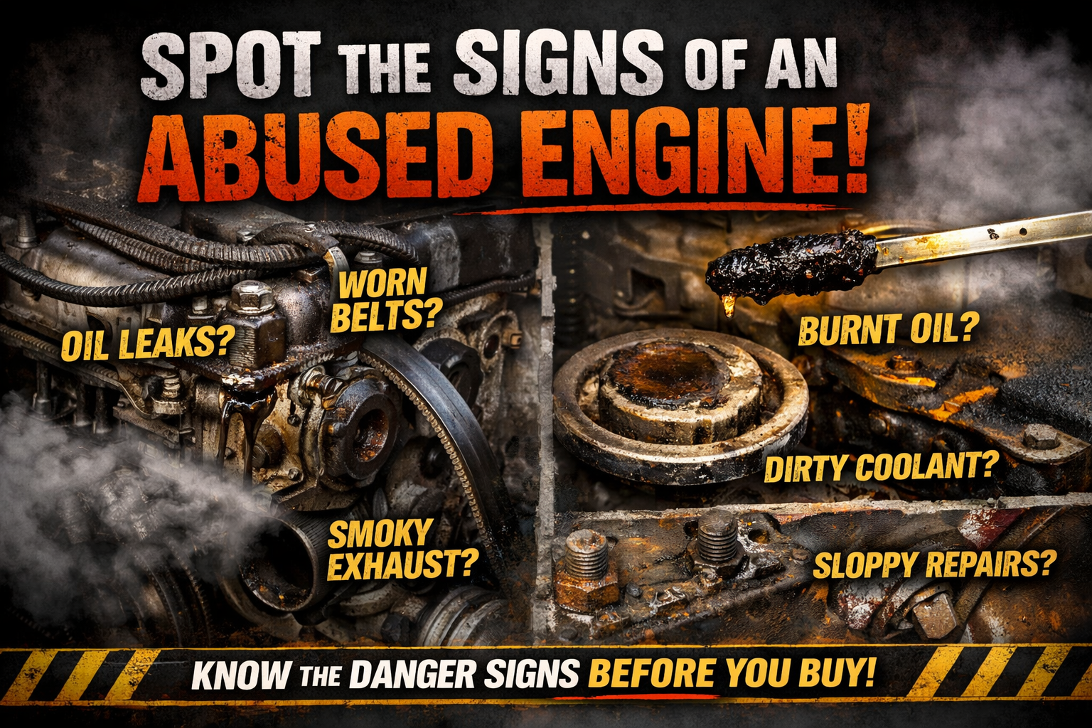 Rusty engine parts with burnt oil and a smoky exhaust suggesting heavy wear with text "Spot The Signs Of An Abused Engine!"