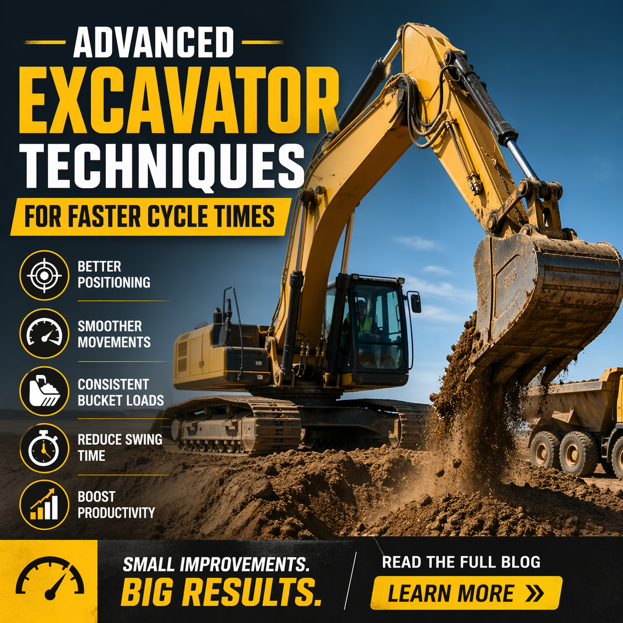 Excavator digging on a construction site with text "Advanced Excavator Techniques for Faster Cycle Times."