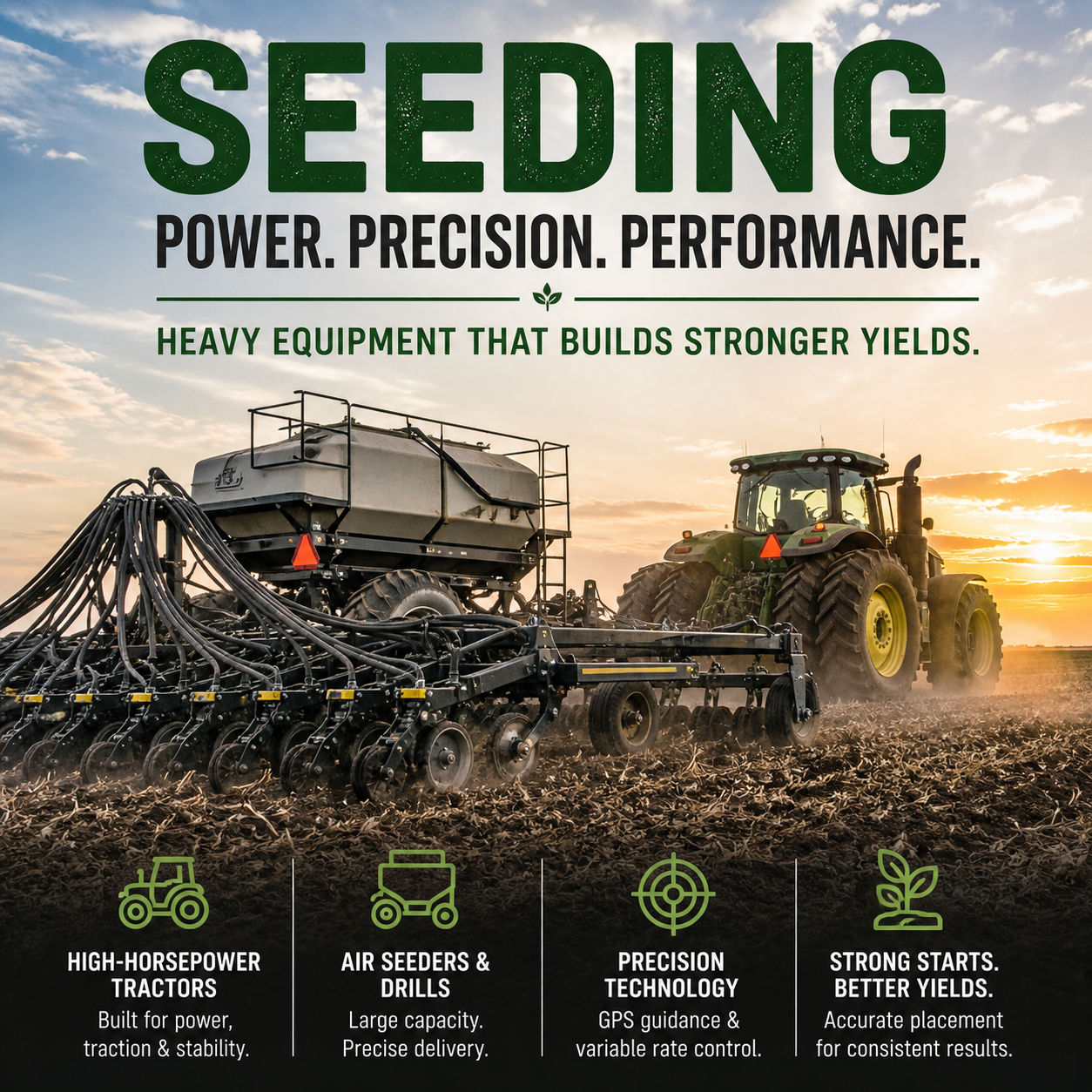 Air seeder and tractor plant crops in a farm field at sunrise with text "Seeding. Power. Precision. Performance."