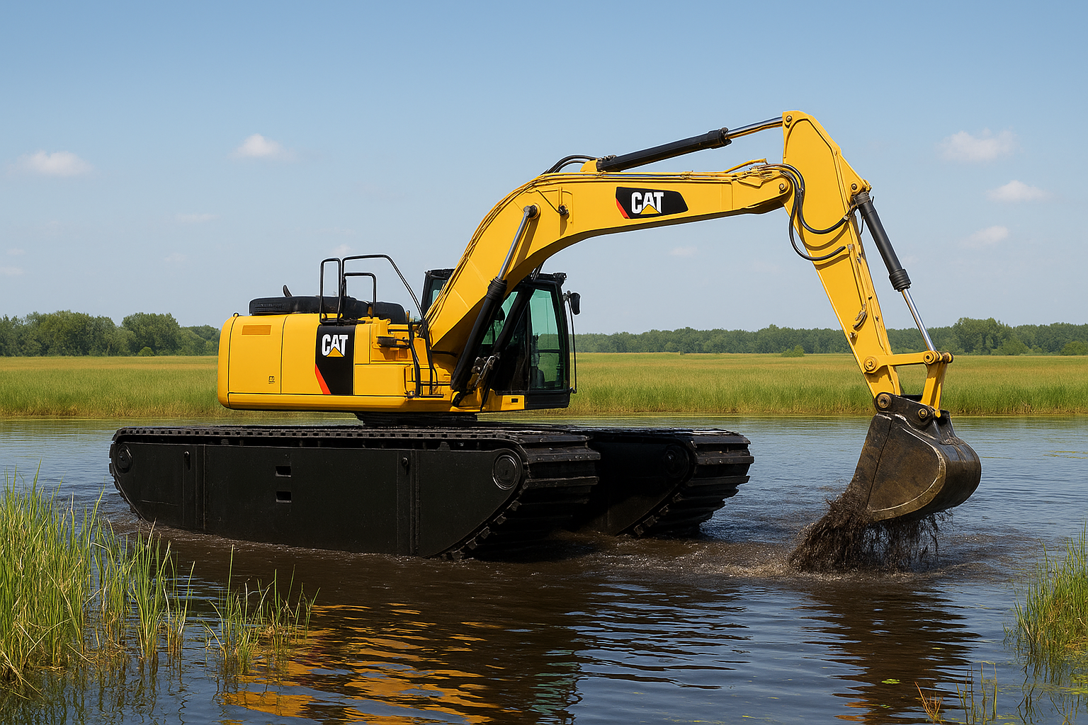 Cat amphibious excavator digging on a body of water with grass and trees in the distance.