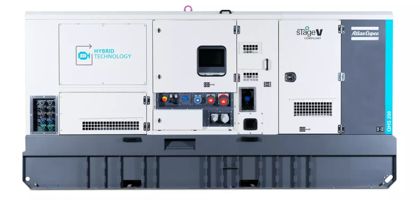 Front view of Atlas Copco hybrid generator unit with control panel and Hybrid Technology label against a white background.