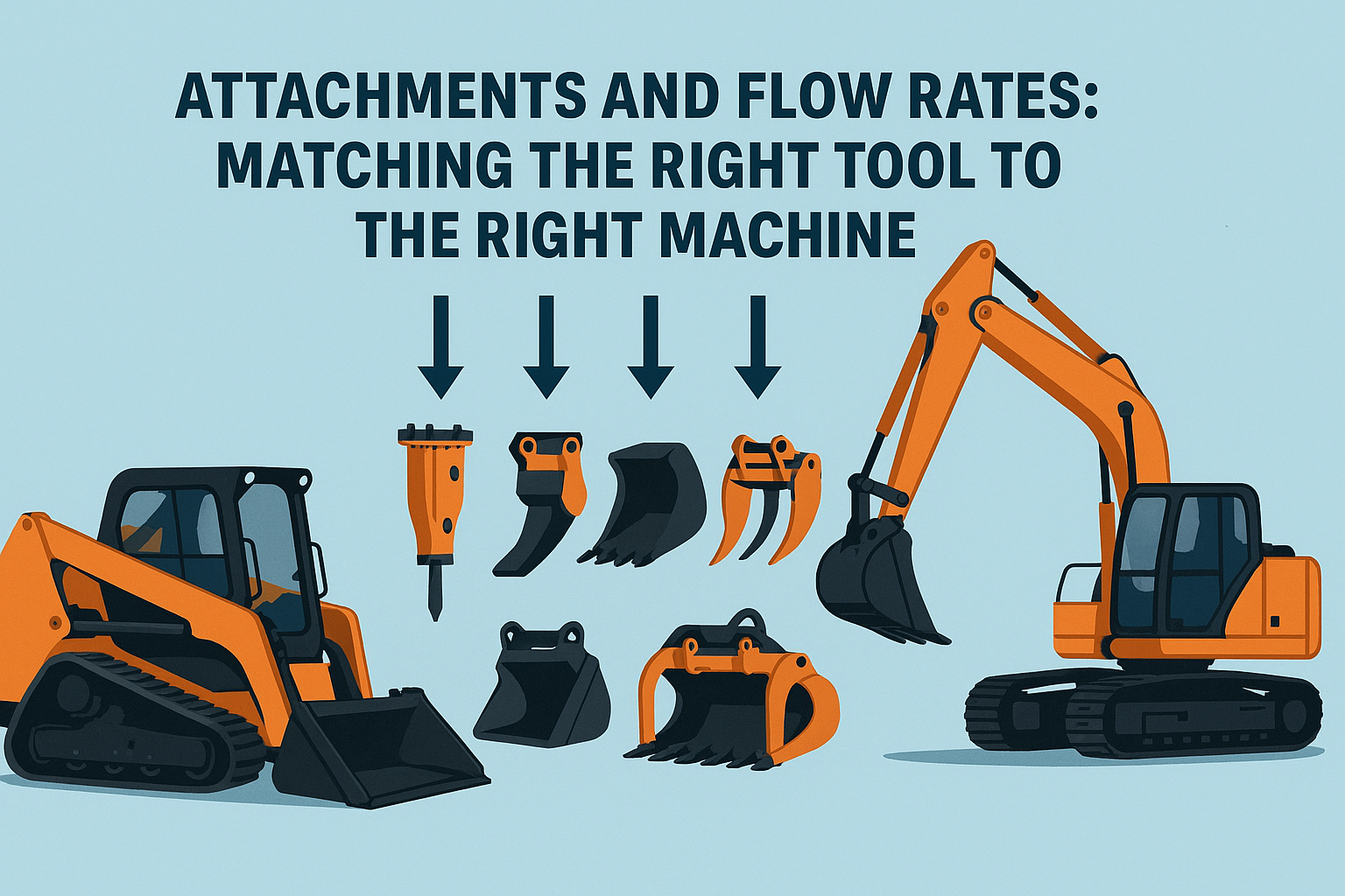 Illustration of equipment attachments with text "Attachments And Flow Rates: Matching The Right Tool To The Right Machine."