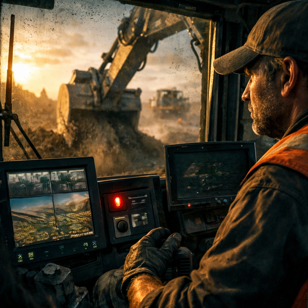 Worker operates an excavator from inside the cab with monitors visible while viewing the worksite through the window.