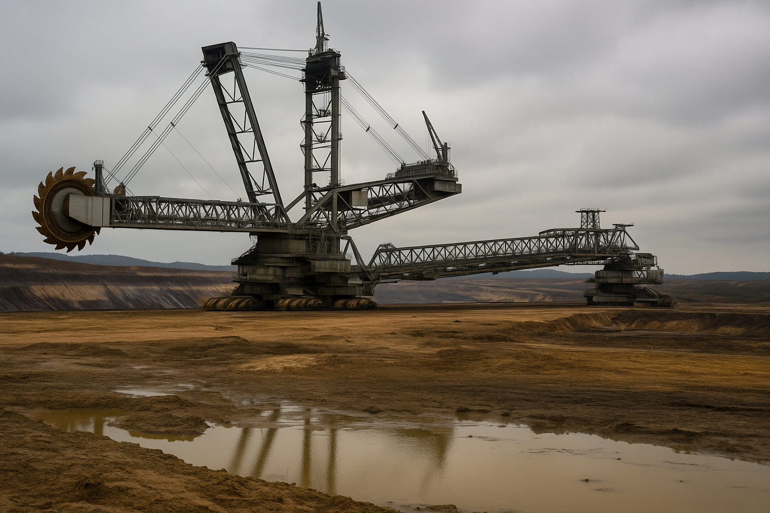 The Bagger 293 bucket-wheel excavator cutting into brown terrain beneath cloud cover