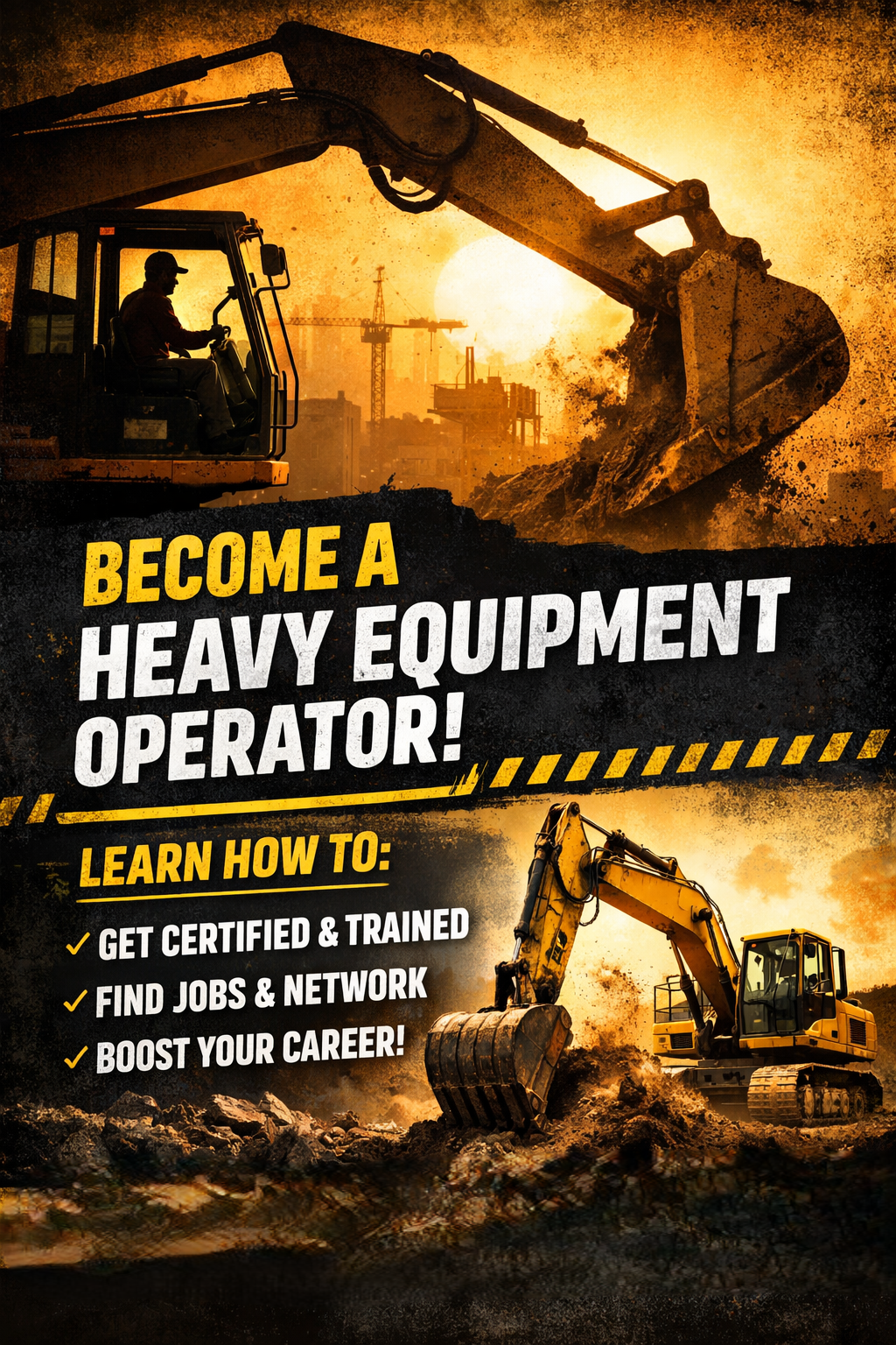 An excavator digging at sunset on a construction site with text "Become a heavy equipment operator!"