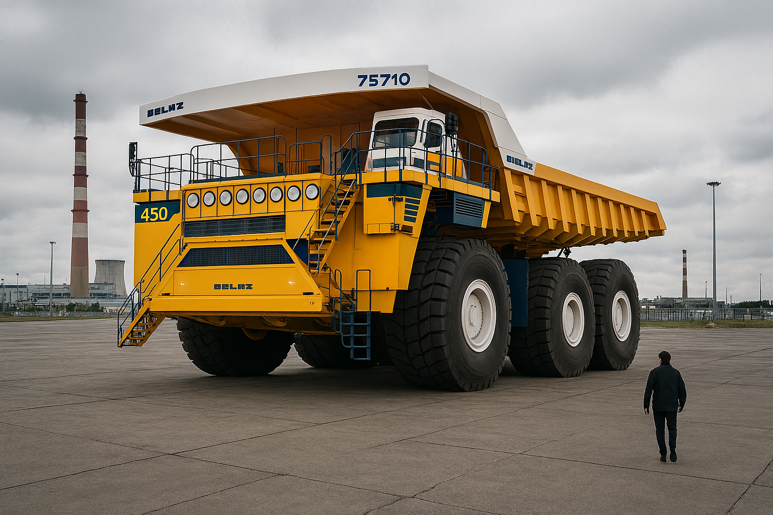 Massive BELAZ 75710 mining dump truck with 450-ton capacity towering over a person on an industrial site.