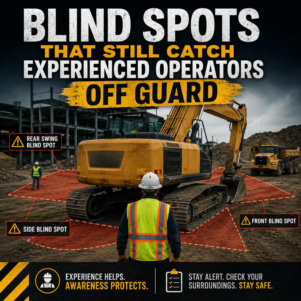 Excavator showing front, side, and rear blind spots with text "Blind spots that still catch experienced operators off guard"