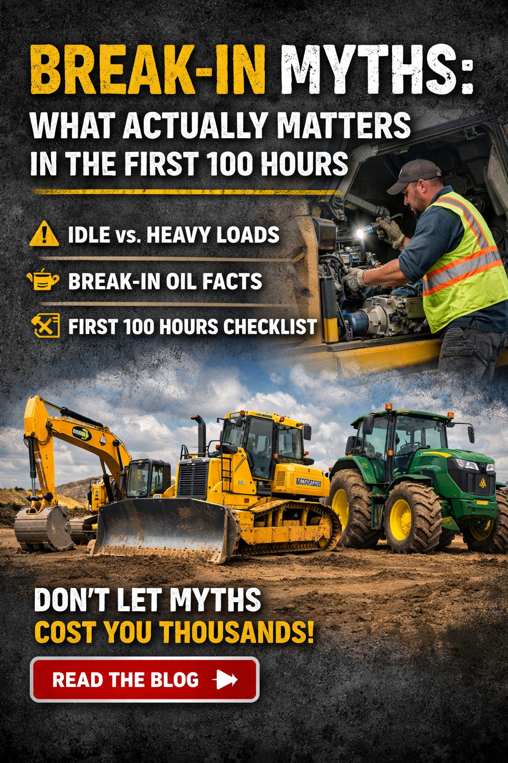 Technician servicing machine with fleet nearby and text "Break-in myths: what actually matters in the first 100 hours"
