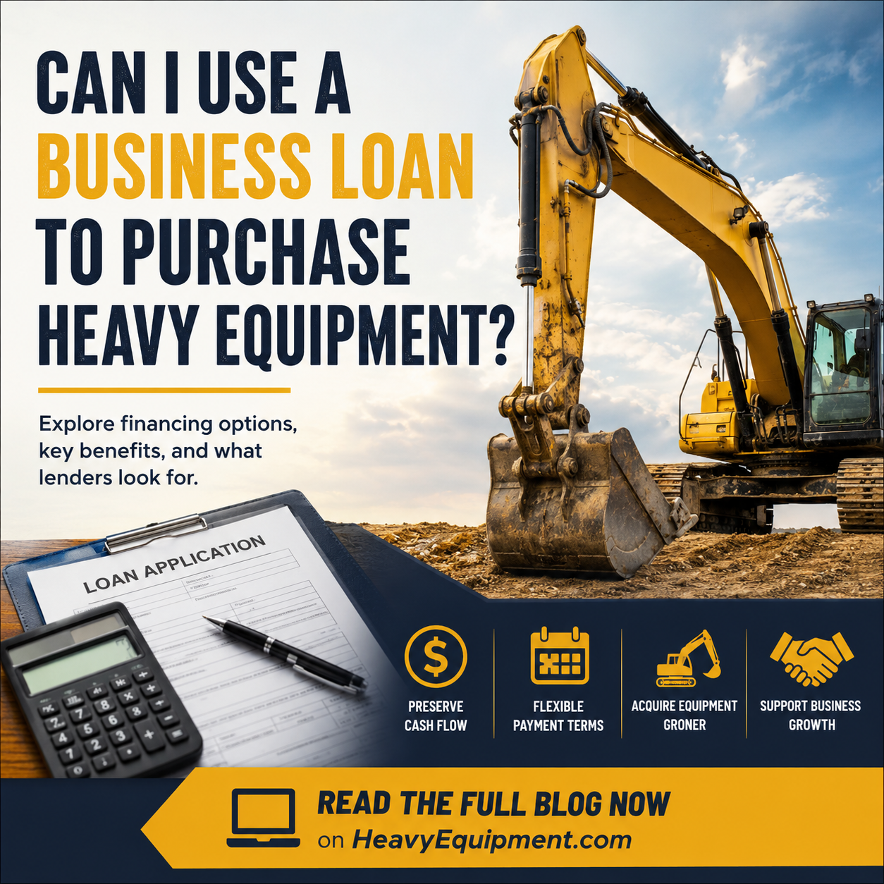 Excavator beside loan application with text "Can I use a business loan to purchase heavy equipment?"