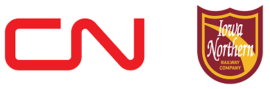 Two company logos next to each other on a white background, Iowa Northern Railway Company on the right and CN on the left.