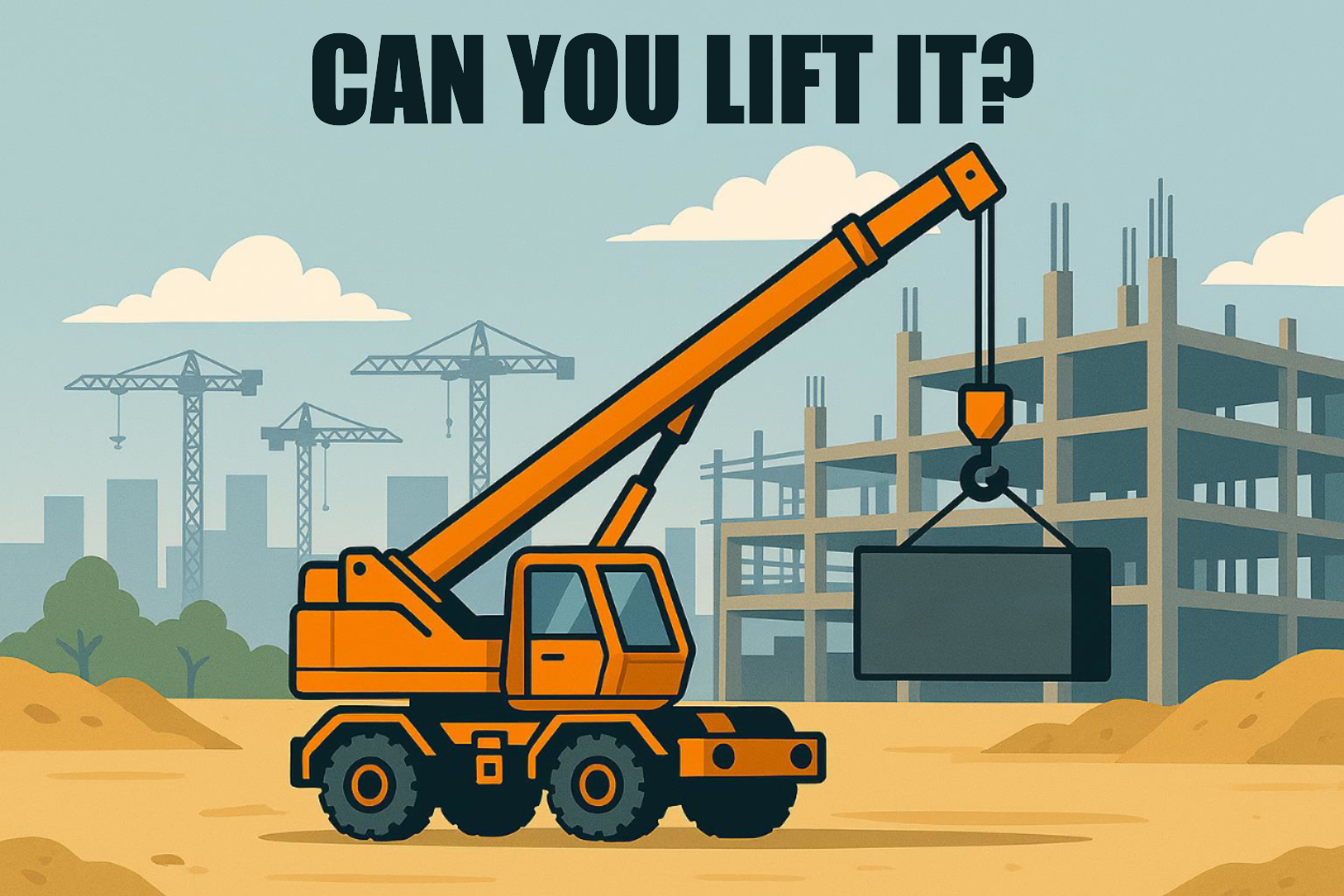 Illustration of an orange crane lifting a concrete block at a construction site with text "Can You Lift It?"
