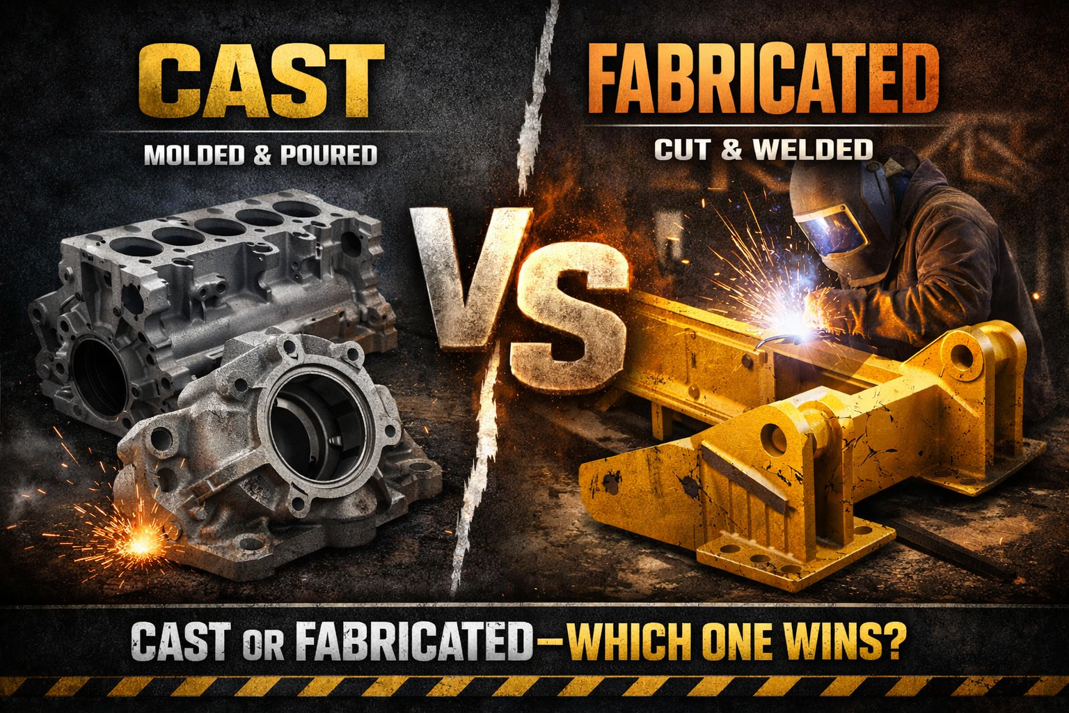 Split image of cast parts and person welding with text "Cast molded & poured VS Fabricated cut & welded."