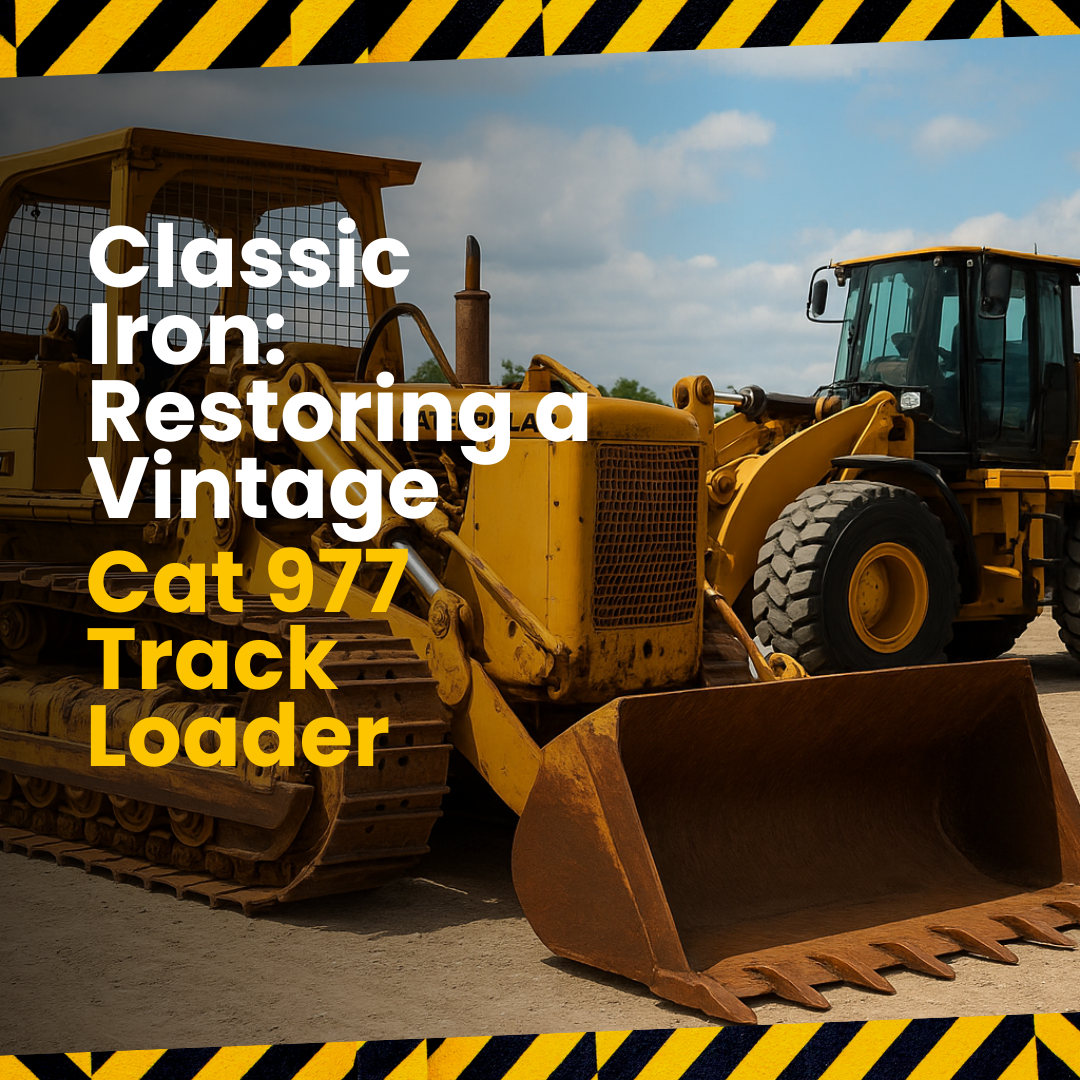 CAT Track Loader with the text "Classic Iron: Restoring a Vintage Cat 977 Track Loader."