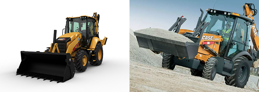 Two loaders, One in motion with a full bucket on a job site while the other stationary on a white background.