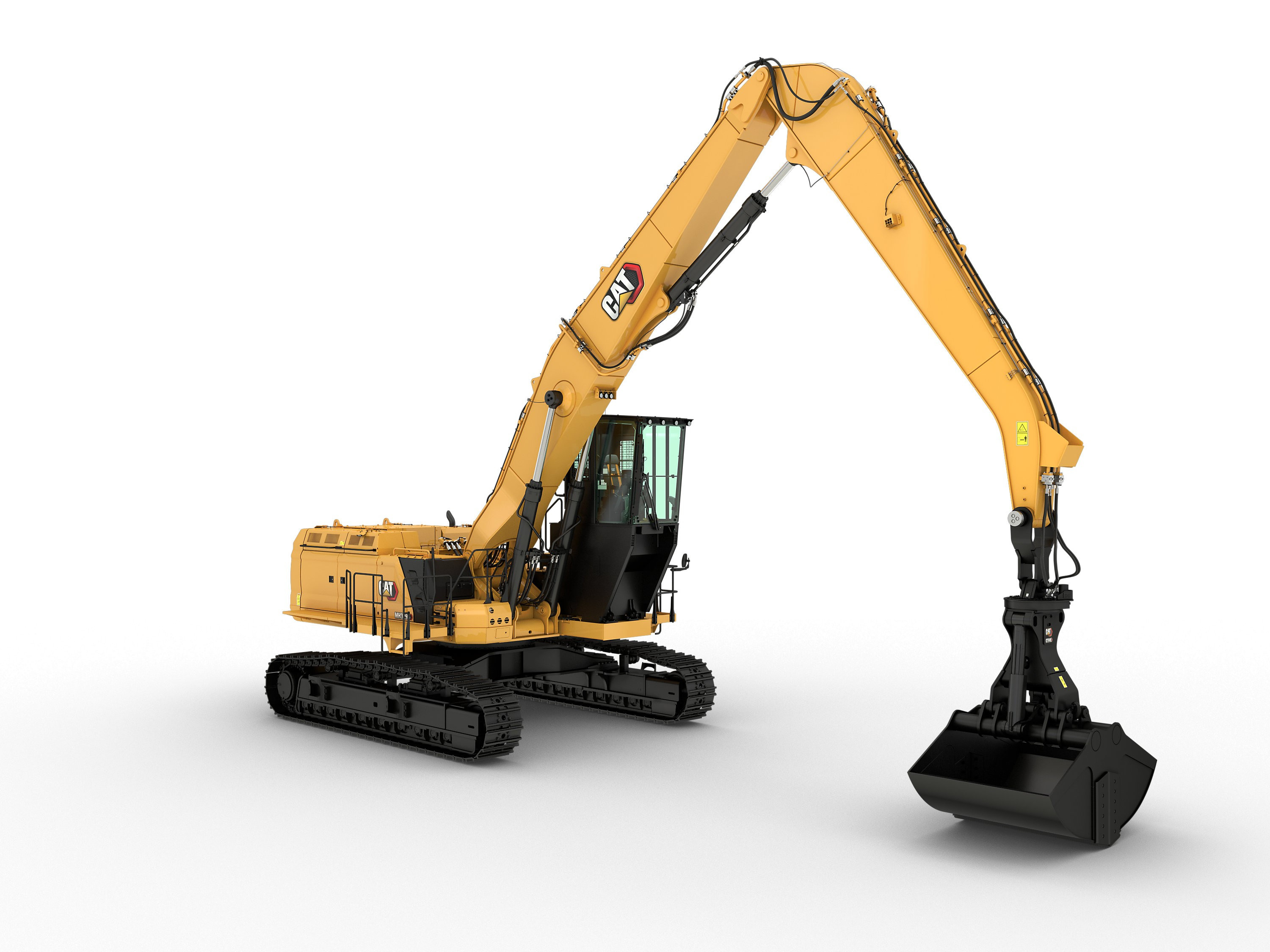 Right side view of a Cat MH3295 Material Handler parked against a white background.