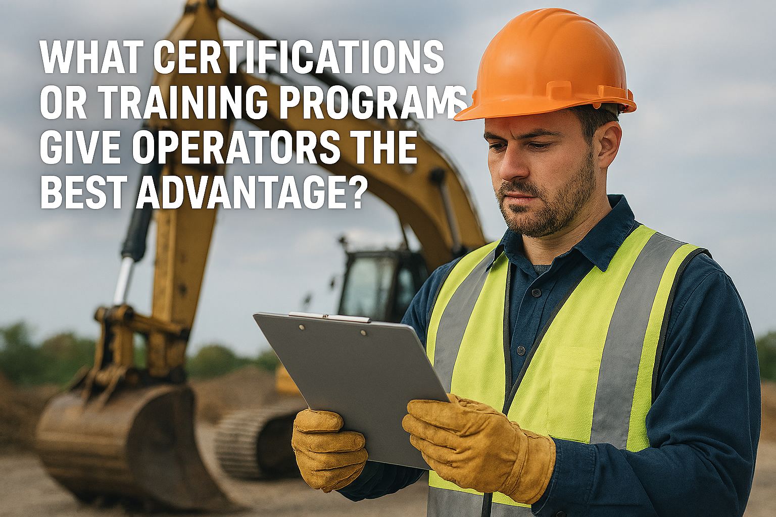 Construction Worker looking at a clipboard with the text "What Certifications Or Training Programs Give Operators The Best Advantage?"