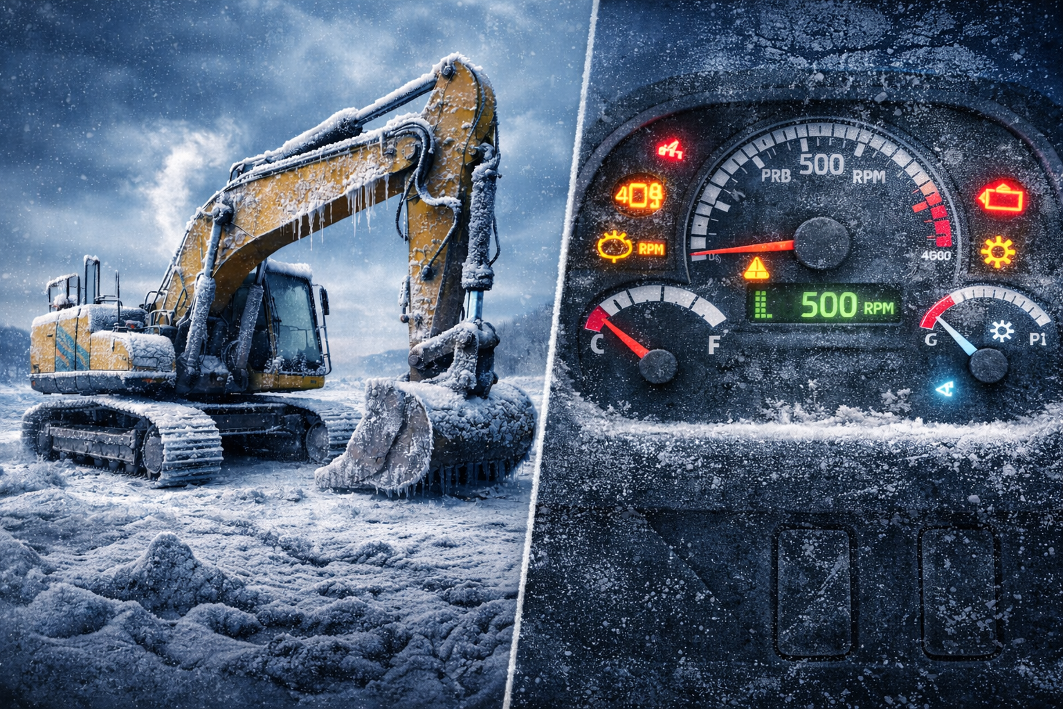 Excavator covered in ice on a snowy jobsite with close-up of frosted dashboard displaying sluggish engine readings.