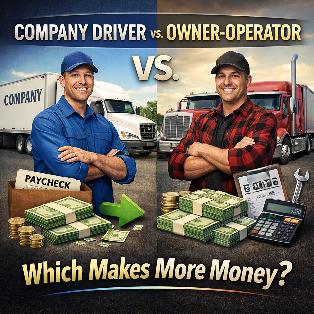 Split image of company and owner-operator drivers with text "company driver vs. owner-operator vs. which makes more money?"