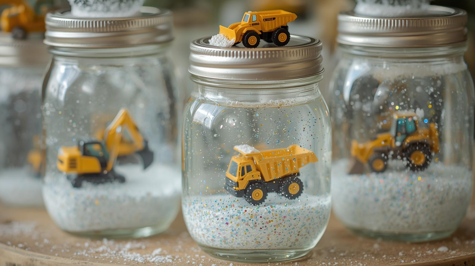 DIY craft snow globes featuring mini construction toys inside jars with glitter and faux snow.