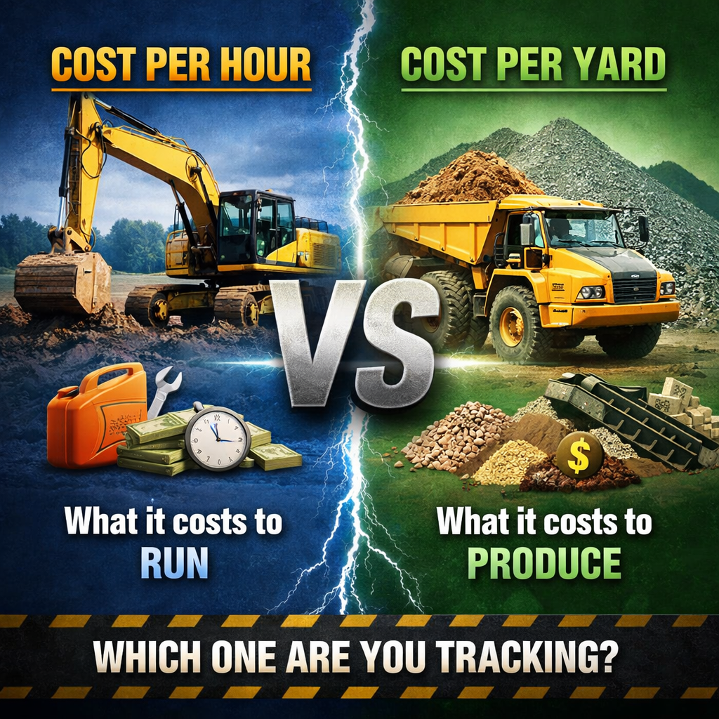 Excavator and haul truck comparison graphic, with text "Cost Per Hour Vs Cost Per Yard Which One Are You Tracking."