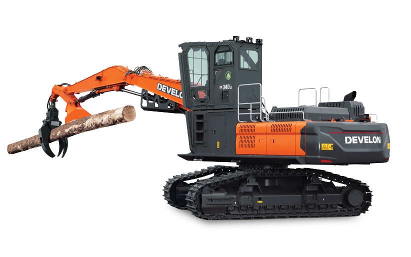 DEVELON DX340LL-7 log loader lifting a log with grapple, featuring elevated cab and orange and black design.