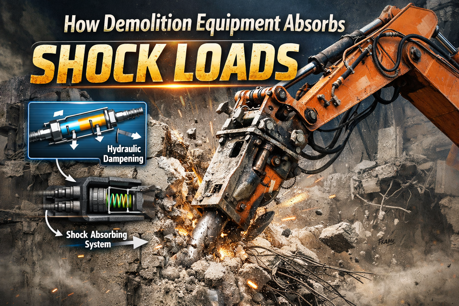 Excavator hammer impact showing hydraulic dampening with text "How Demolition Equipment Absorbs Shock Loads."