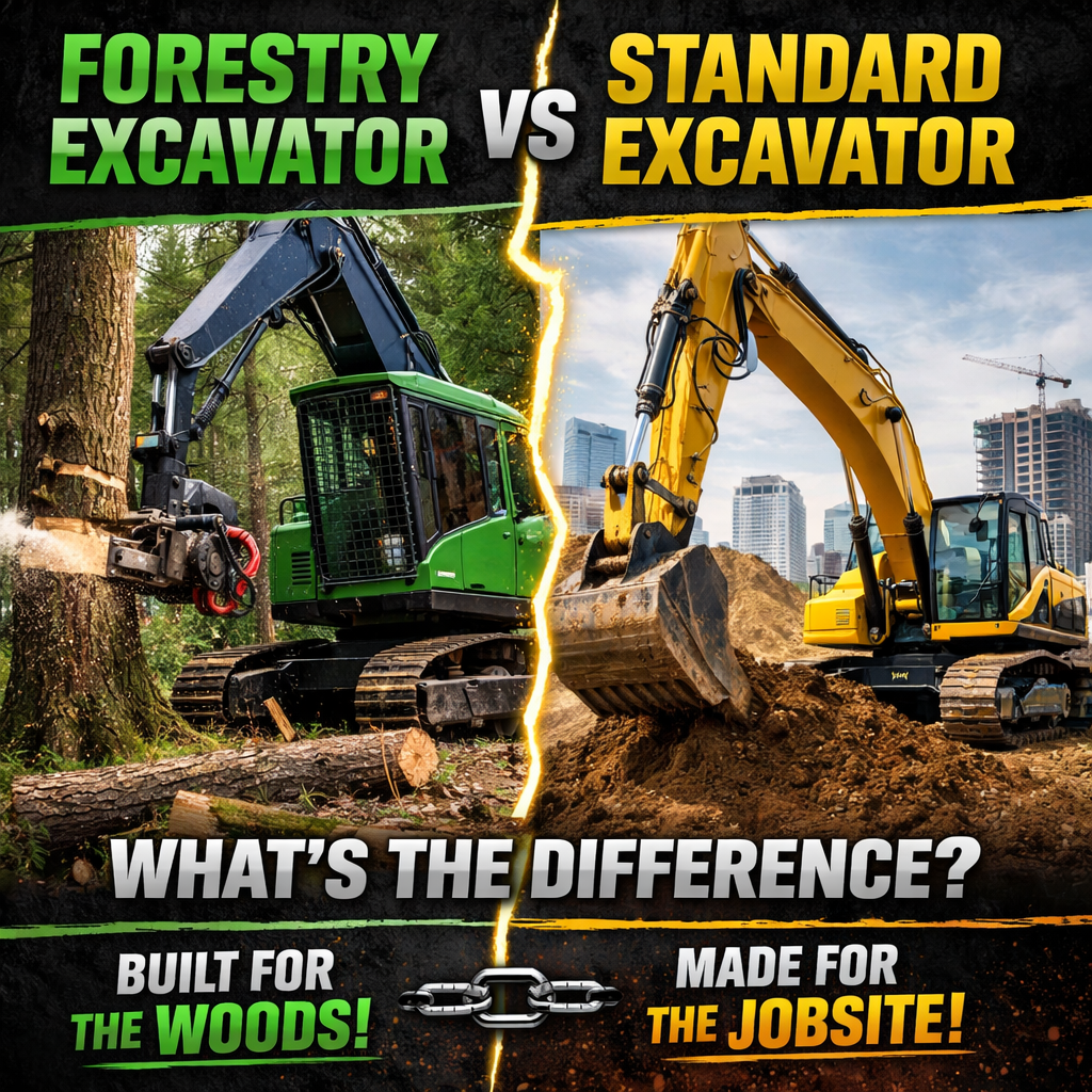 Forestry machine cutting a tree beside a standard excavator on site with text “Forestry Excavator vs Standard Excavator.”