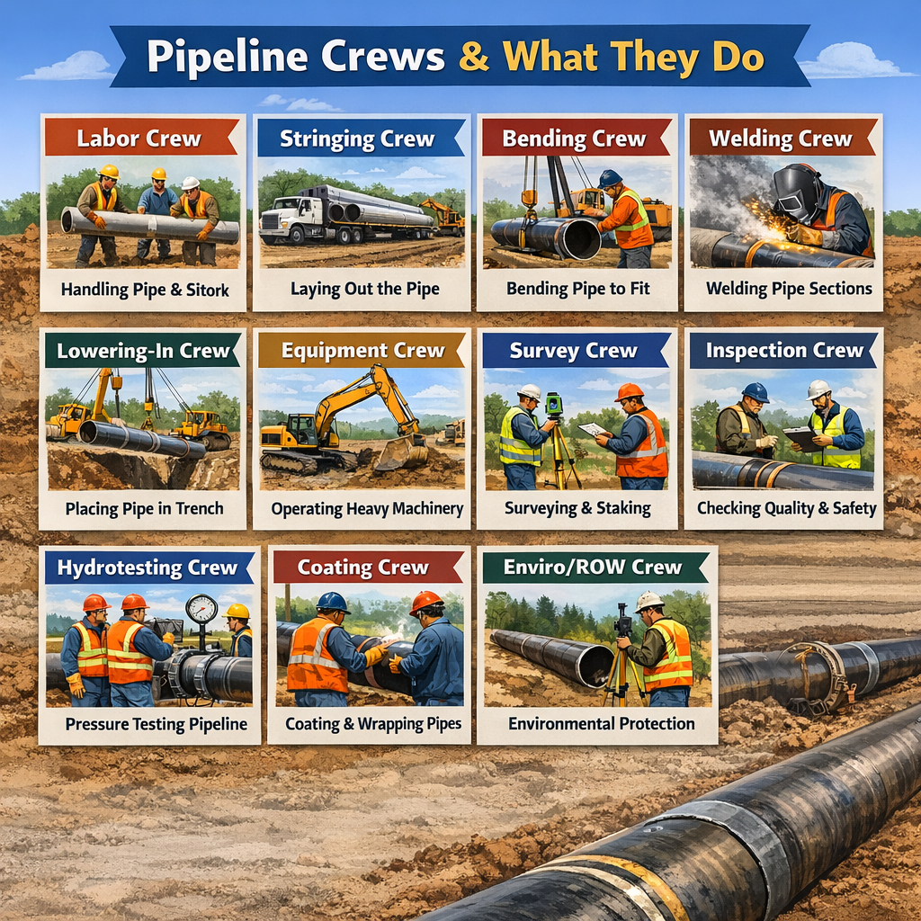 Visual guide showing pipeline construction crews from layout to inspection with text "Pipeline Crews & What They Do."