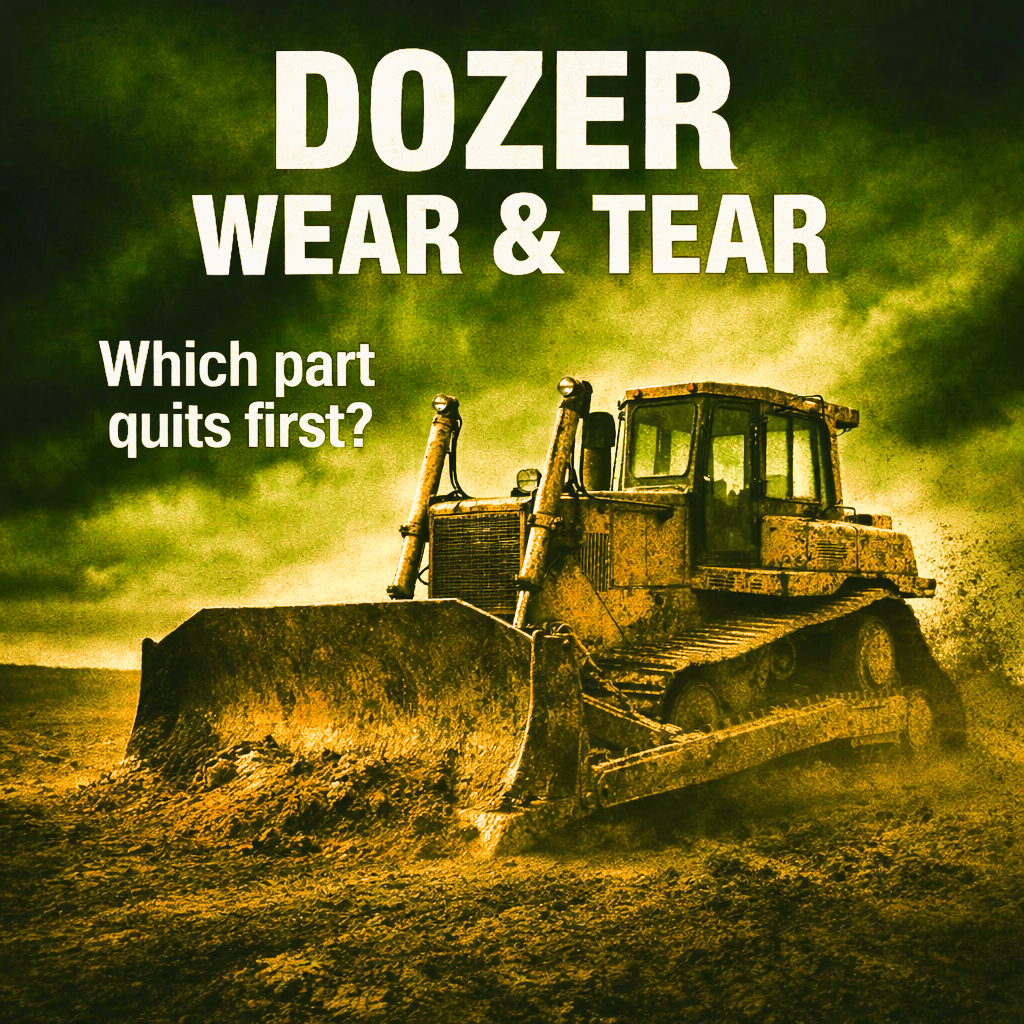 Mud covered dozer pushing dirt beneath stormy clouds with text "Dozer Wear & Tear."