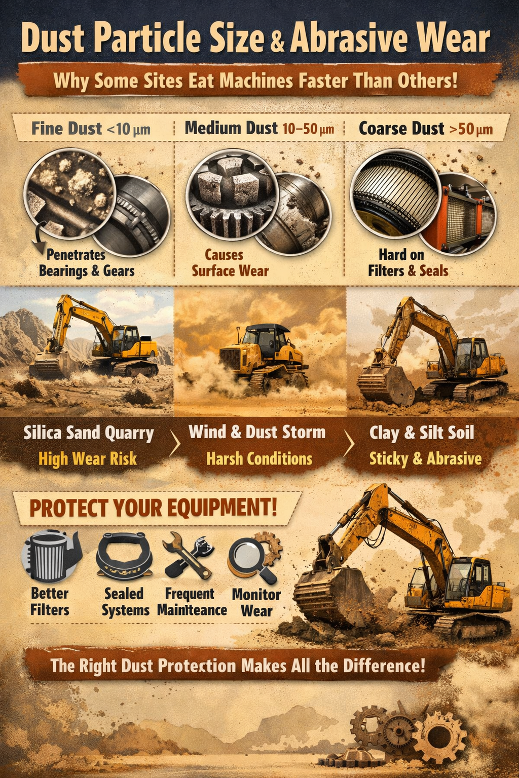 Infographic showing how fine, medium and coarse dust damage heavy equipment with text "Dust Particle Size & Abrasive Wear."
