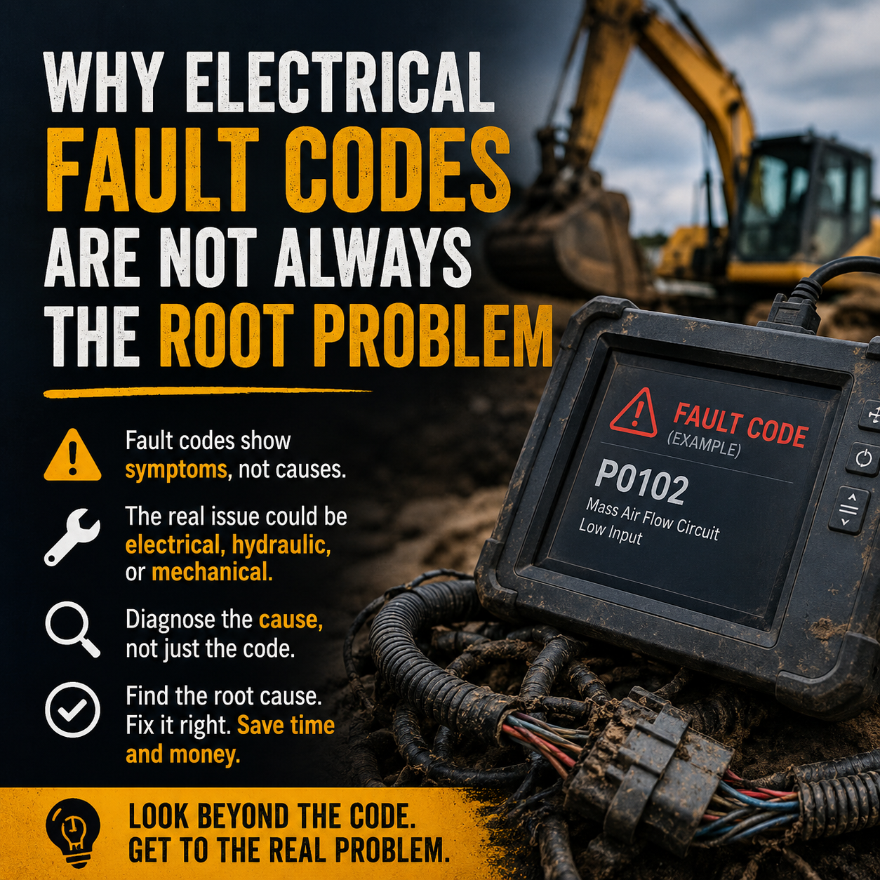 Diagnostic monitor and excavator with text "Why electrical fault codes are not always the root problem"