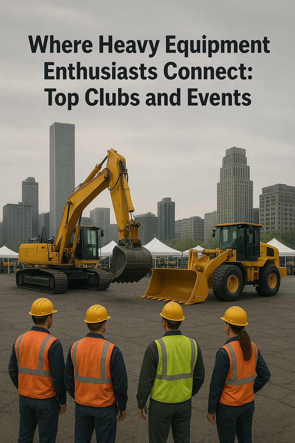 Operators standing looking at equipment with the text "Where Heavy Equipment Enthusiasts Connect: Top Clubs and Events."