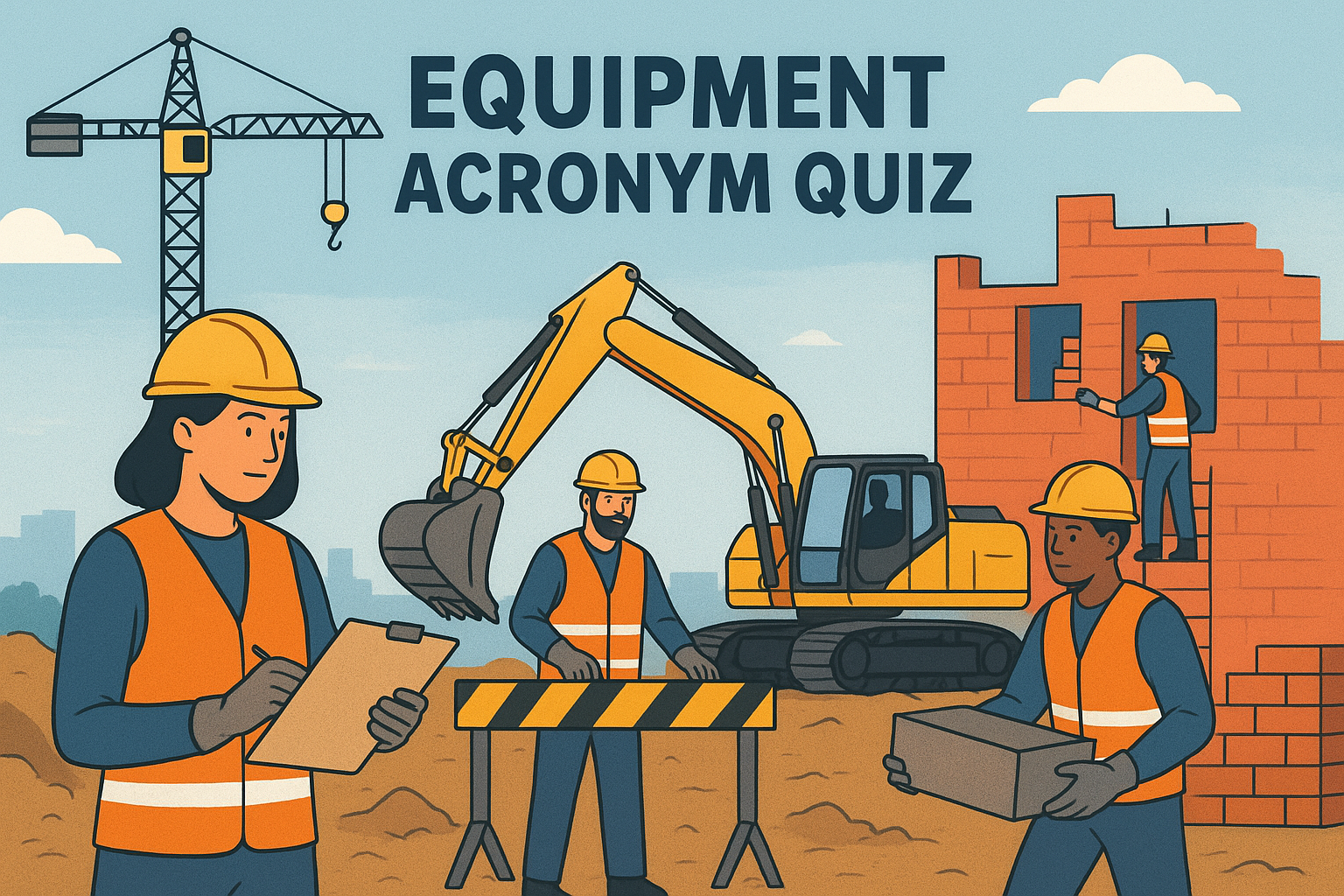 Illustrated construction site with excavator, crane, workers and a brick structure with text "Equipment Acronym Quiz"