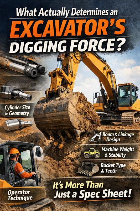 Excavator lifting soil, various machine and hydraulic parts shown with text: "What determines excavator's digging force?"