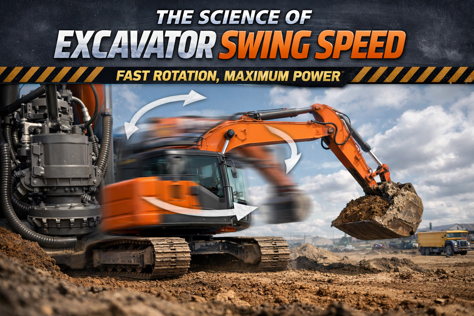 Blurred excavator shows swing motion with text "The Science of Excavator Swing Speed. Fast Rotation, Maximum Power."