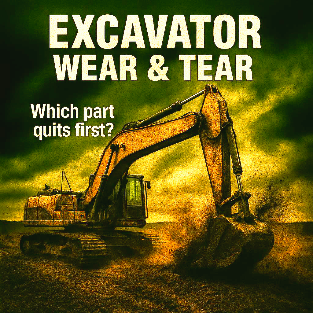 Mud covered excavator digging in rough terrain beneath stormy clouds with text "Excavator Wear & Tear."