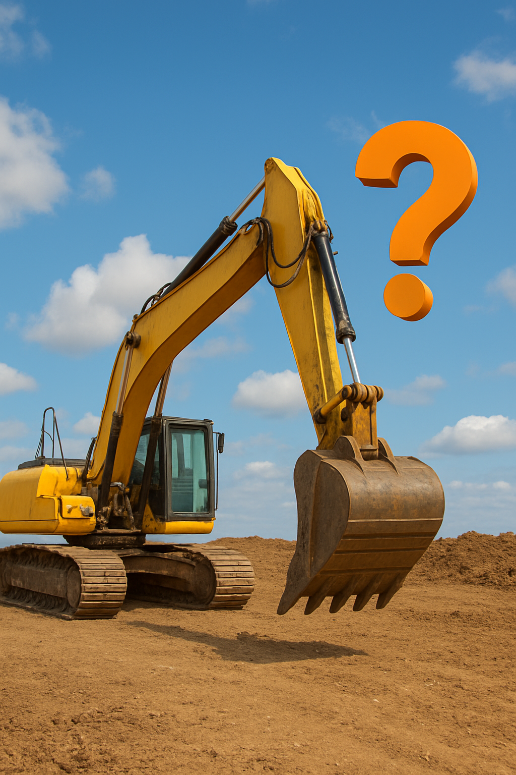 Excavator with bucket slightly raised and an orange question mark against a blue sky.