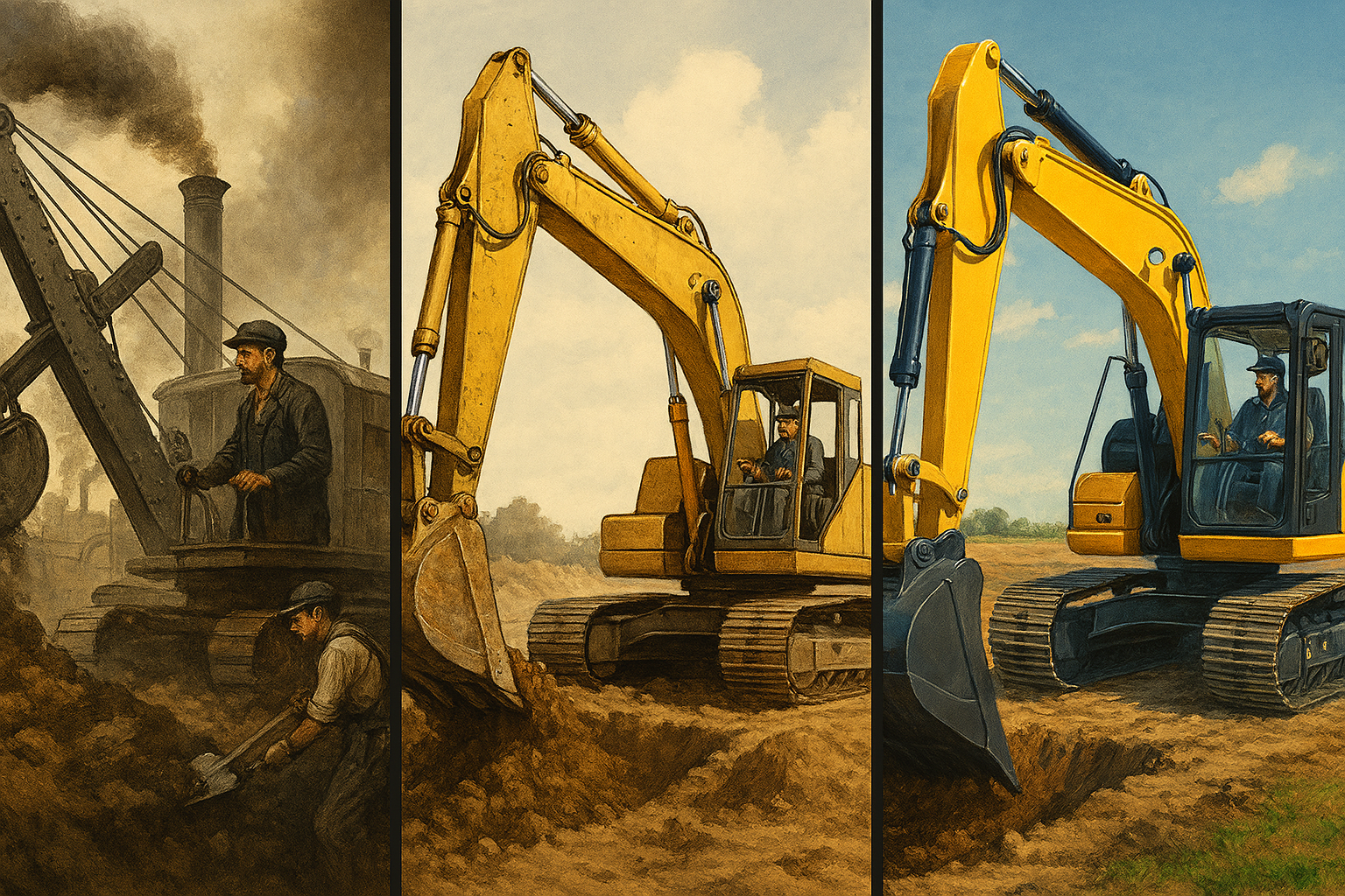 A collage of three excavators showing the evolution of the excavator from steam powered to modern day.