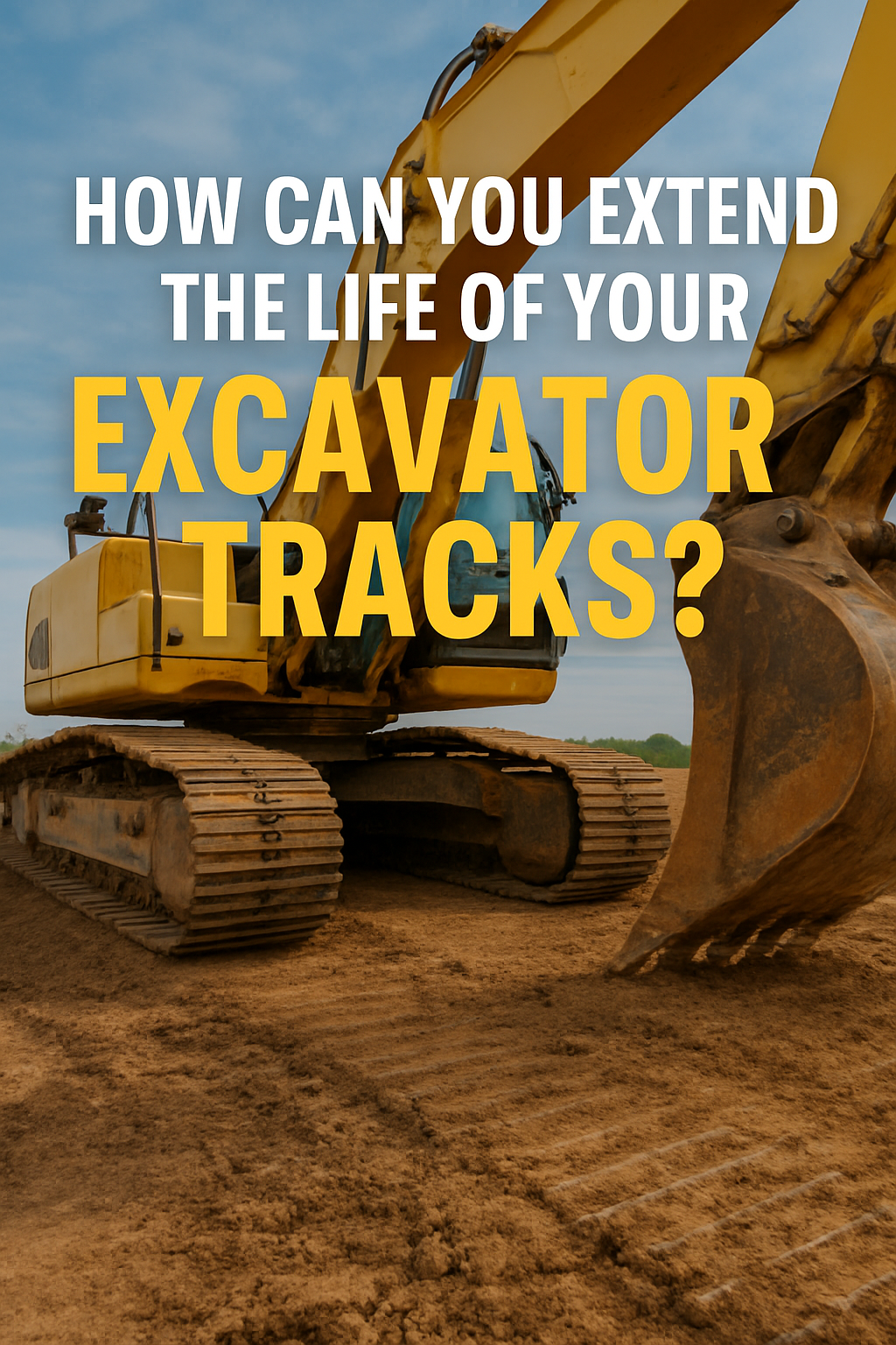 Excavator parked on dirt under a blue sky with text  "How Can You Extend The Life Of Your Excavator Tracks?"
