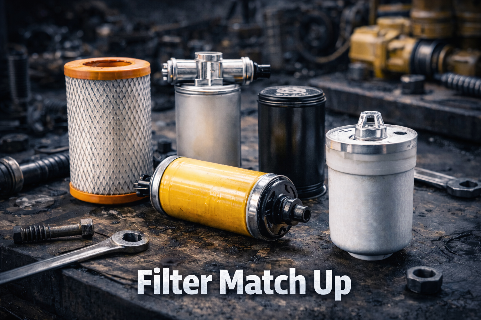Five styles of automotive filters sitting on a worn workbench with tools and the text "Filter Match Up."