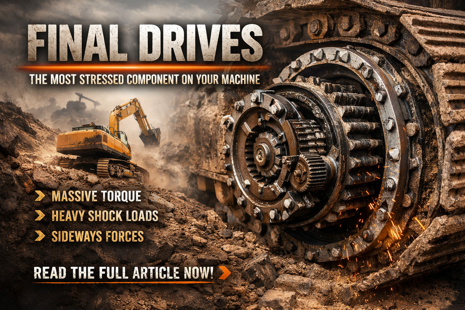 Excavator and exposed gears in rugged terrain with text "Final Drives The most stressed component on your machine."