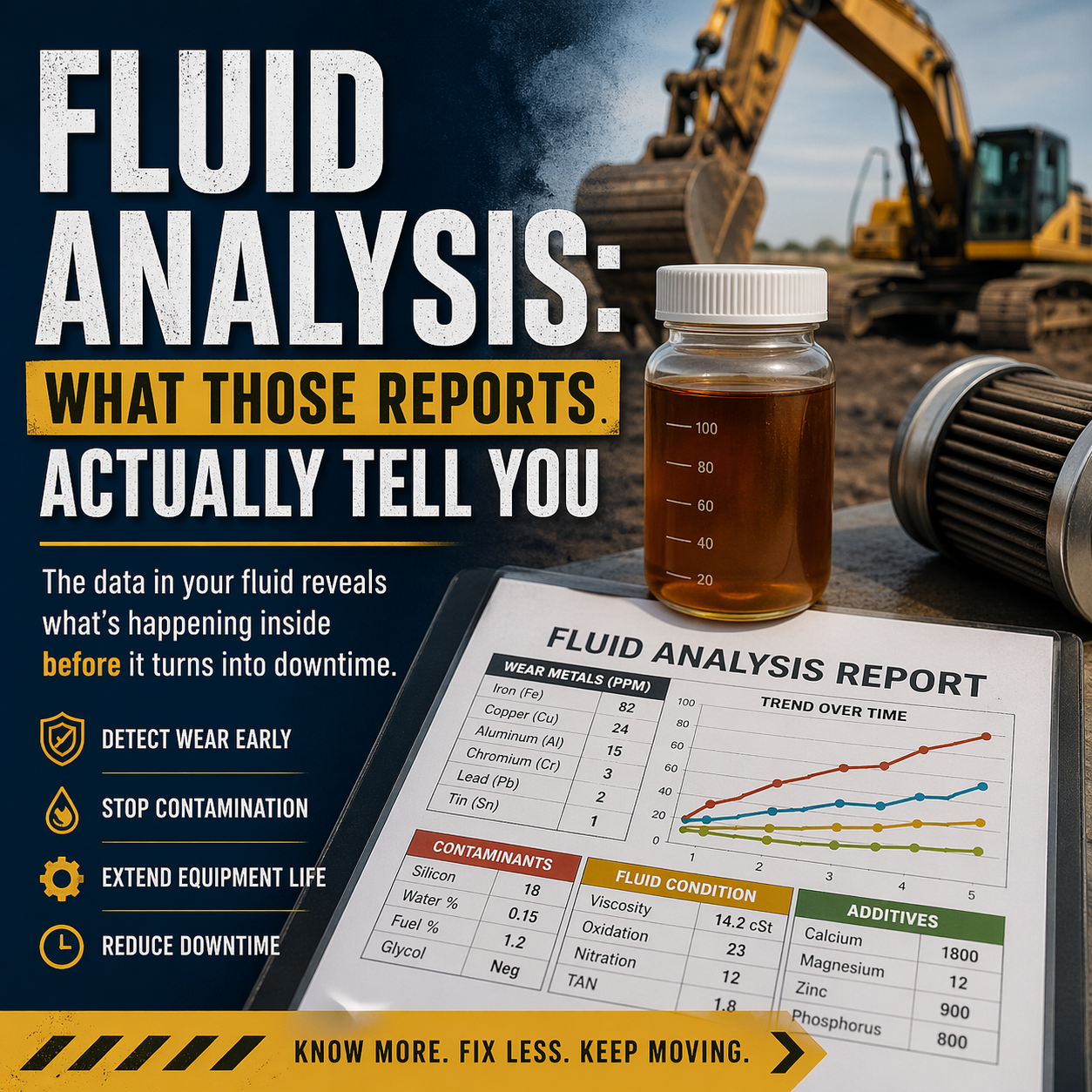 Excavator fluid analysis report beside oil sample jar with text "Fluid analysis: what those reports actually tell you"