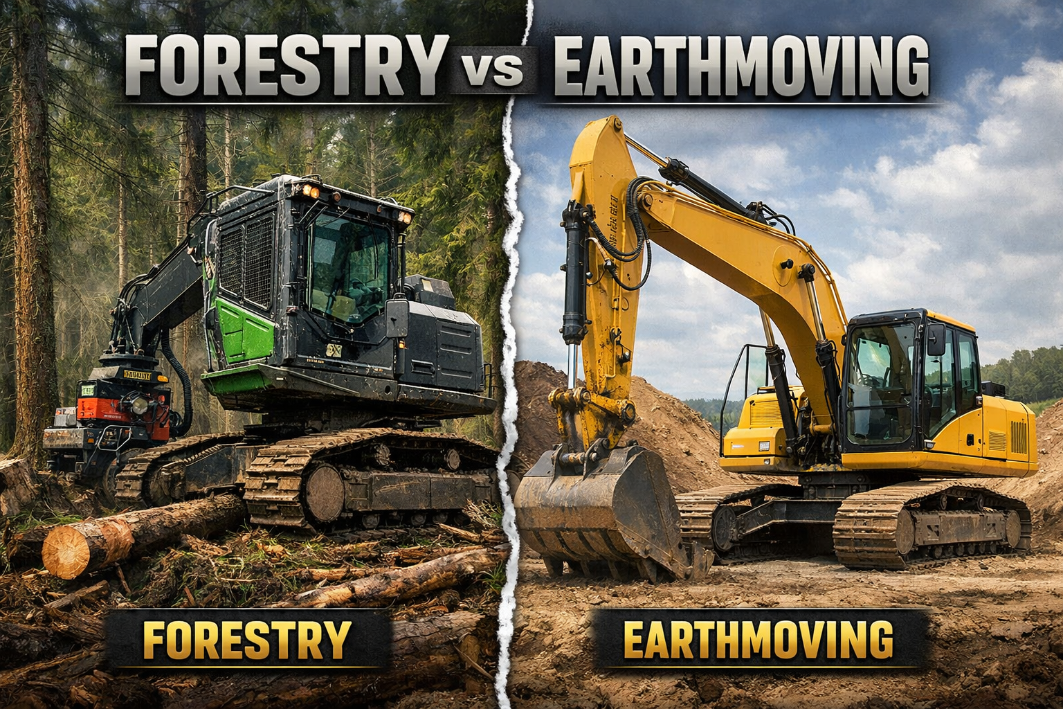 Split image showing forestry equipment in the woods and construction excavator on site with text "Forestry vs Earthmoving."