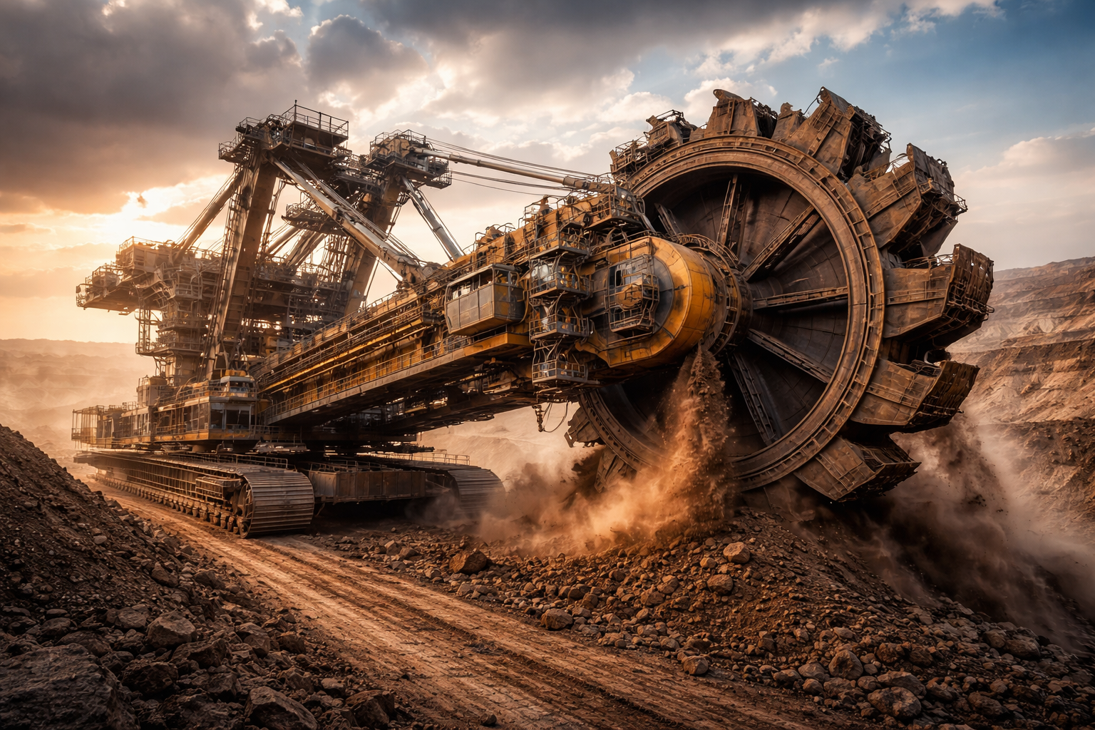 Massive bucket-wheel excavator digging earth at an open-pit mine, dust rising as the machine advances.