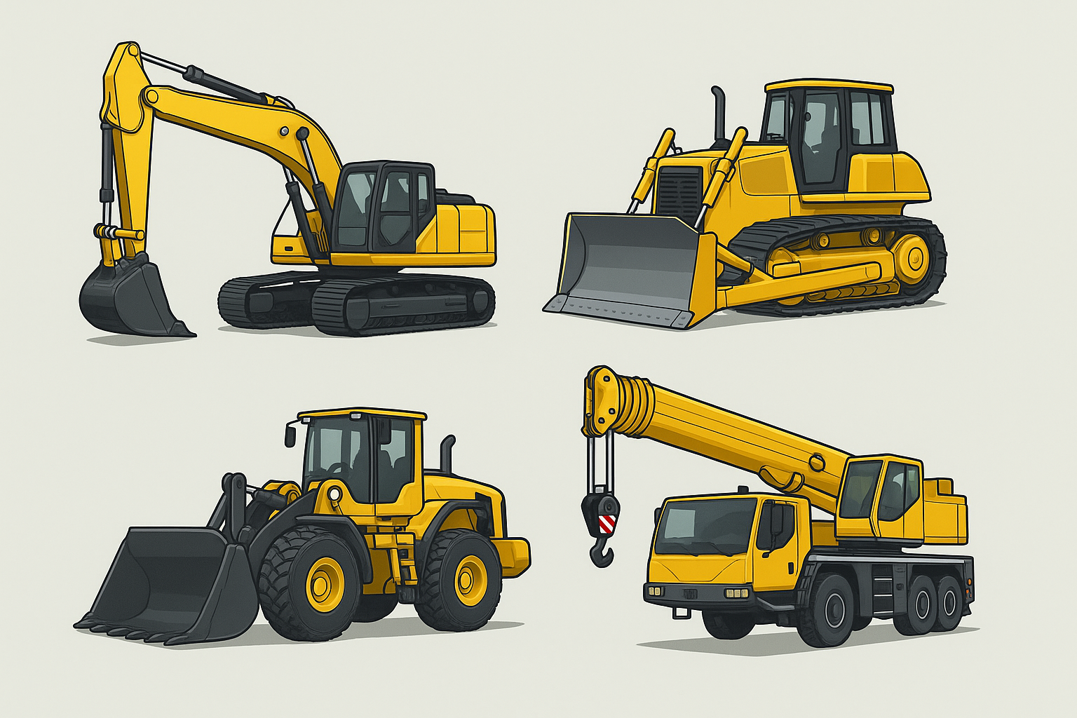 Cartoon-style yellow excavator, bulldozer, front loader, and mobile crane, each shown with distinctive features and machinery parts.