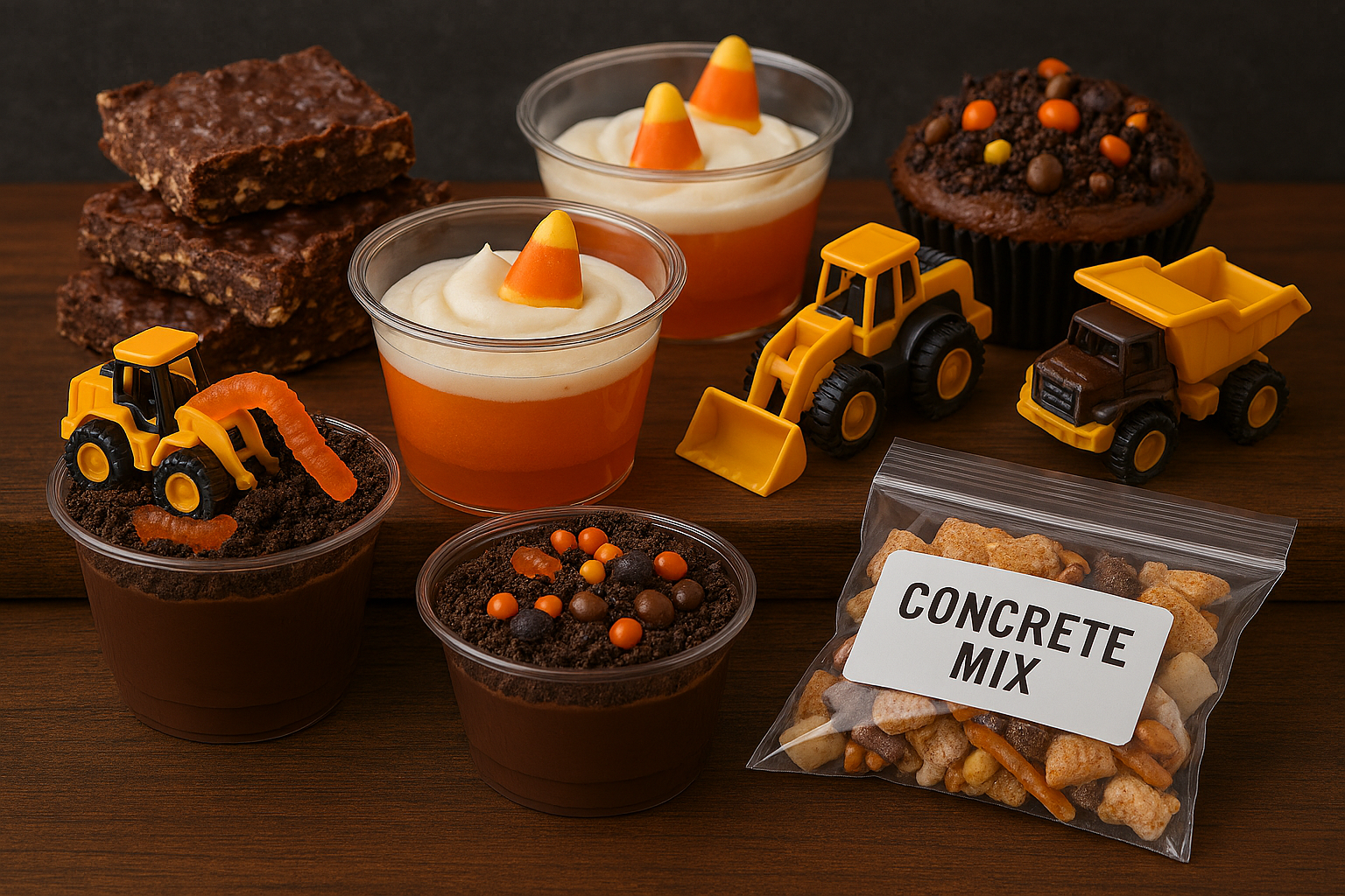 Various Halloween snacks, baked goods and small yellow heavy equipment toys are displayed on a wood surface.